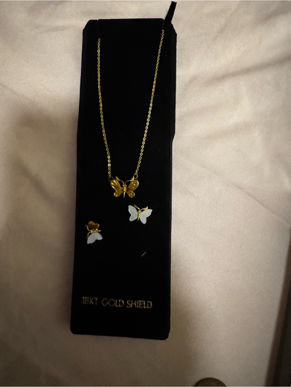 Vintage 18KT Gold Shield Butterfly Necklace and Earrings with White Accent Wings